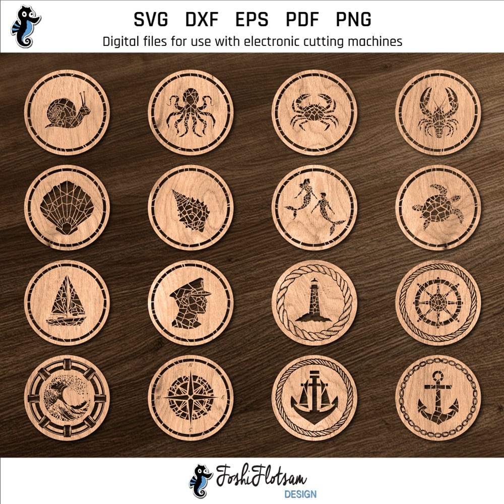 Coaster SVG - Nautical marine SVG coaster bundle image 5 All 16 Nautical marine coaster SVG designs shown on one page as digital, stylized coaster SVGs.